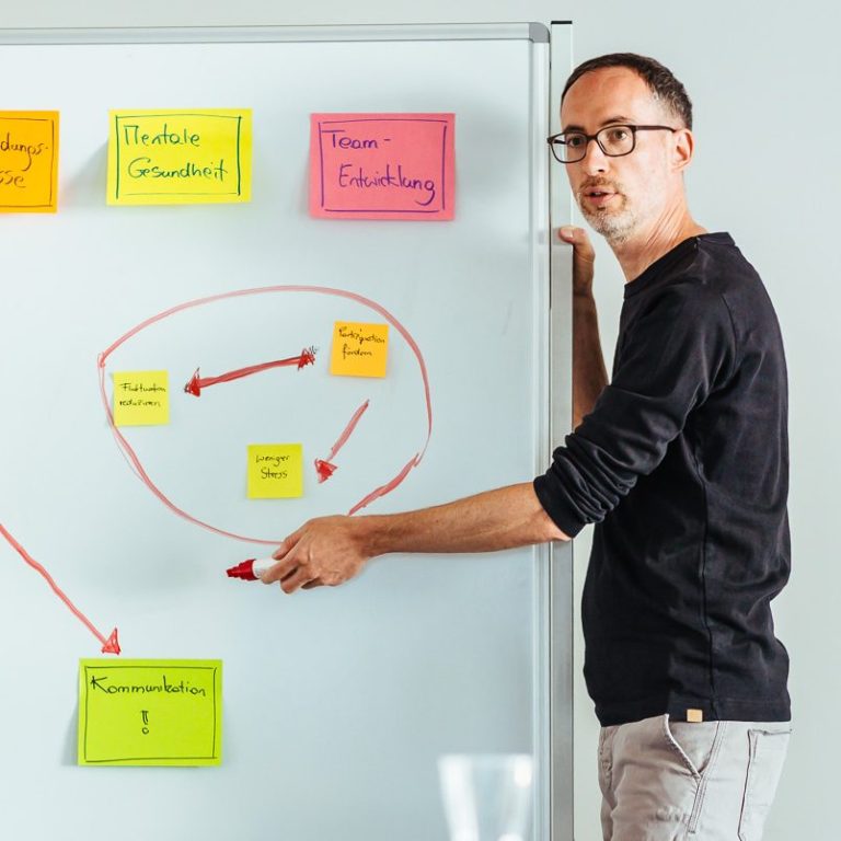Daniel Craffonara präsentiert bunte Notizen an einem Flipchart in einer natürlichen Umgebung.
