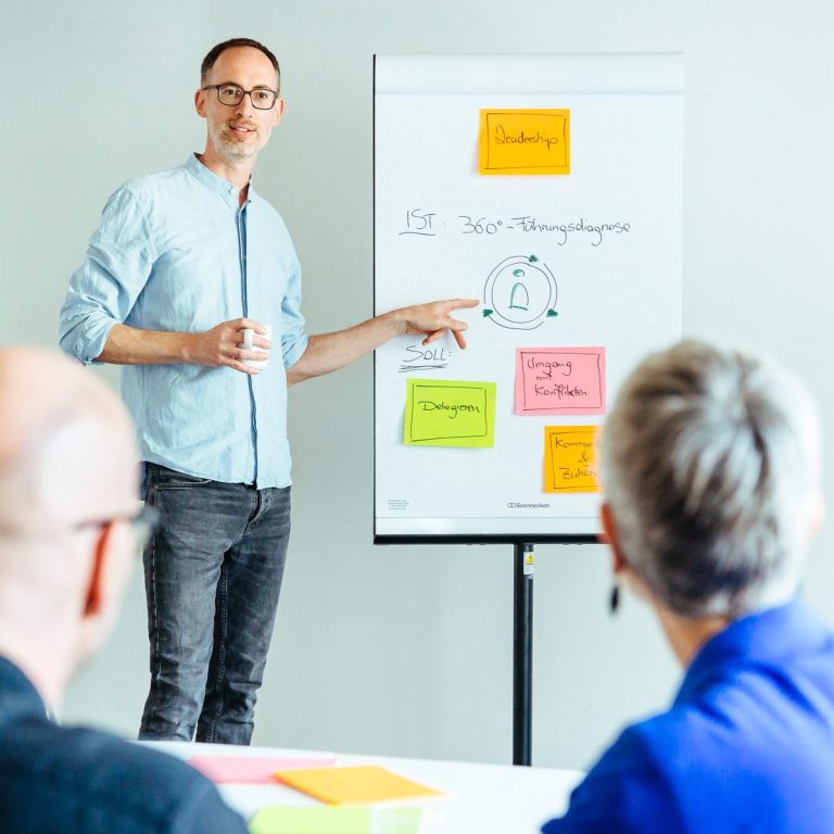 Daniel Craffonara präsentiert bunte Notizen an einem Flipchart in einer natürlichen Umgebung.
