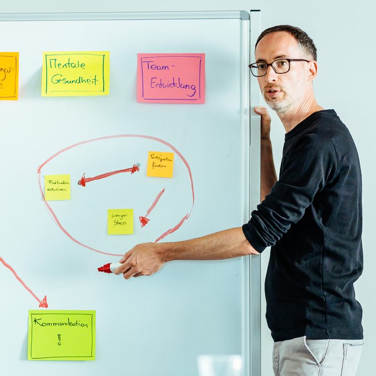 Daniel Craffonara präsentiert bunte Notizen an einem Flipchart in einer natürlichen Umgebung.